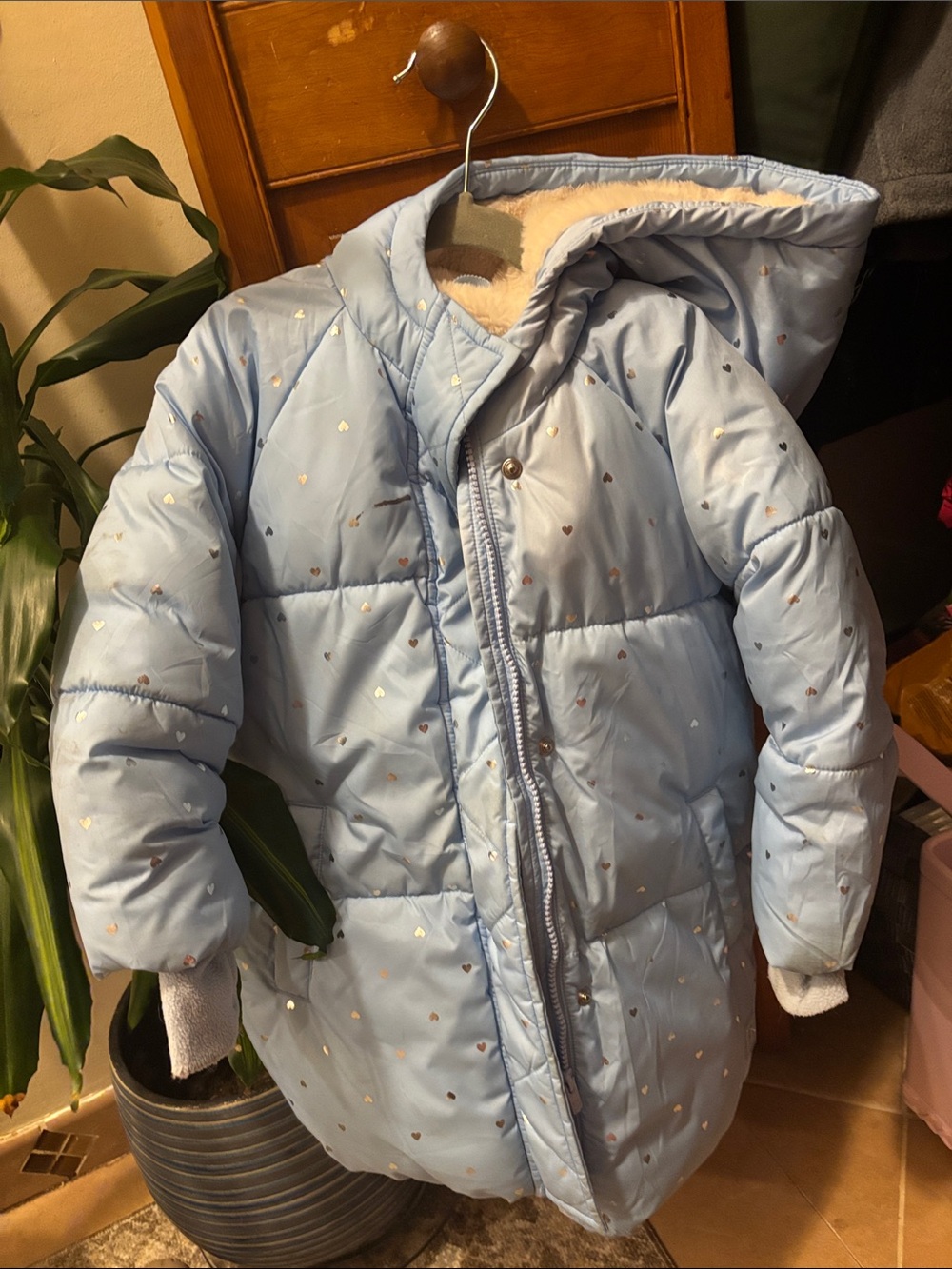 GAP Light Blue Heart-Print Puffer Coat with Hood